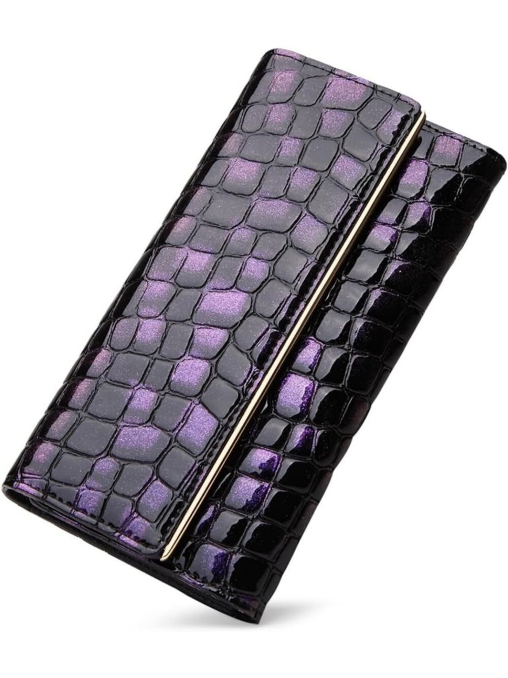 Purple Crocodile Pattern Leather Clutch Wallet with Metal Frame Closure for